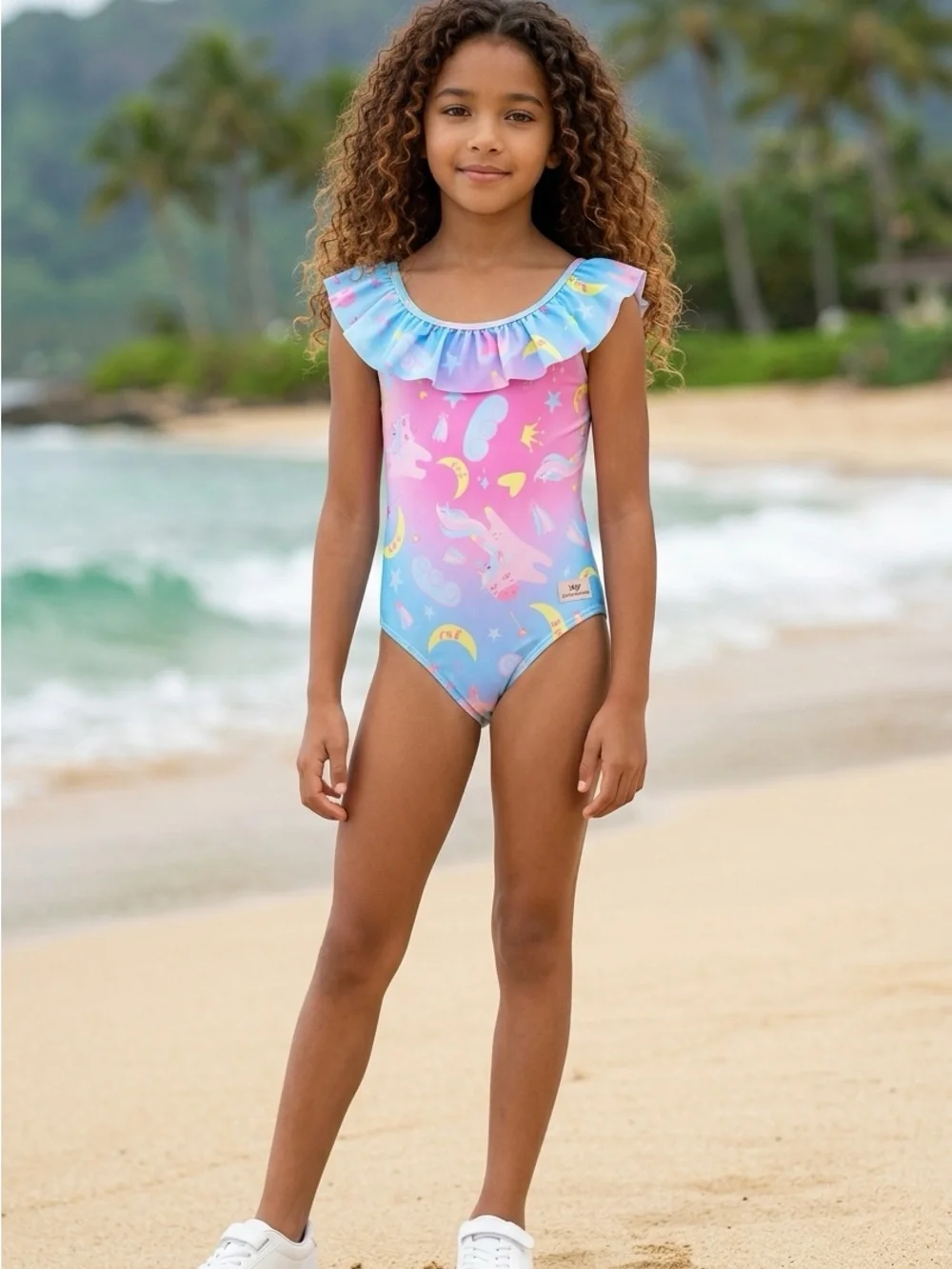 🚘 🆕 Ruffled Pink & Blue Kids One-Piece Swimsuit with Unicorn Print 6 yr